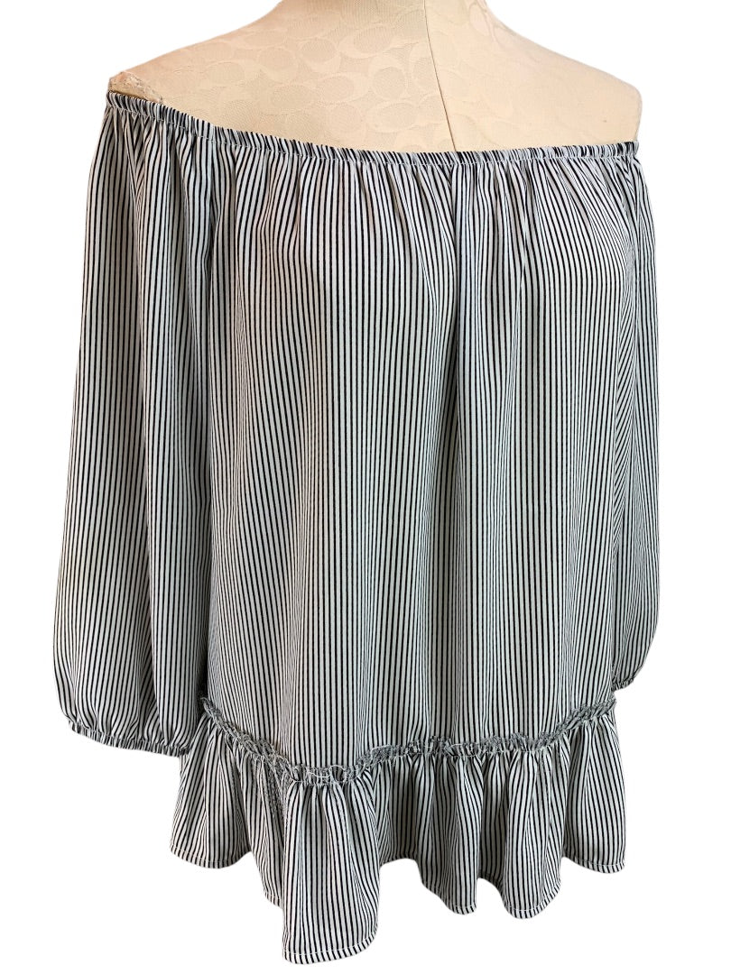 Small Bailey 44 Women's Off the Shoulder Flowy Ruffle Hem Blouse Striped