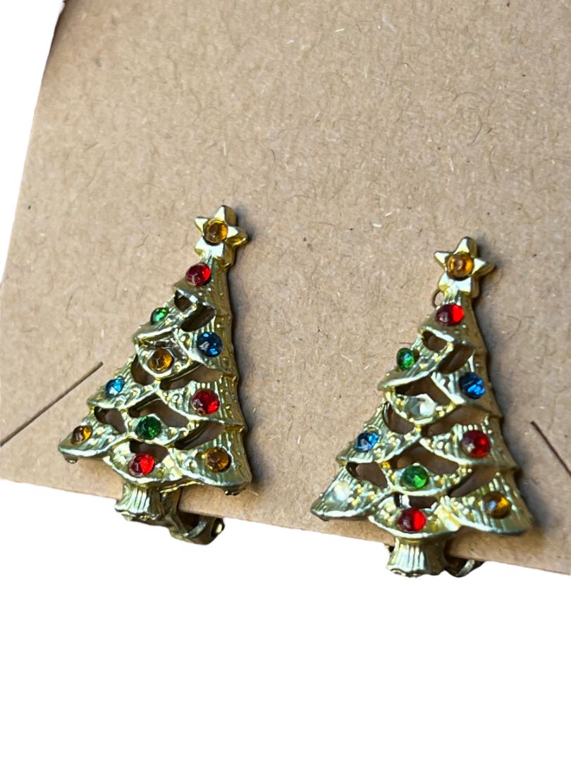 Vintage Christmas Tree Clip On Earrings Goldtone Rhinestone