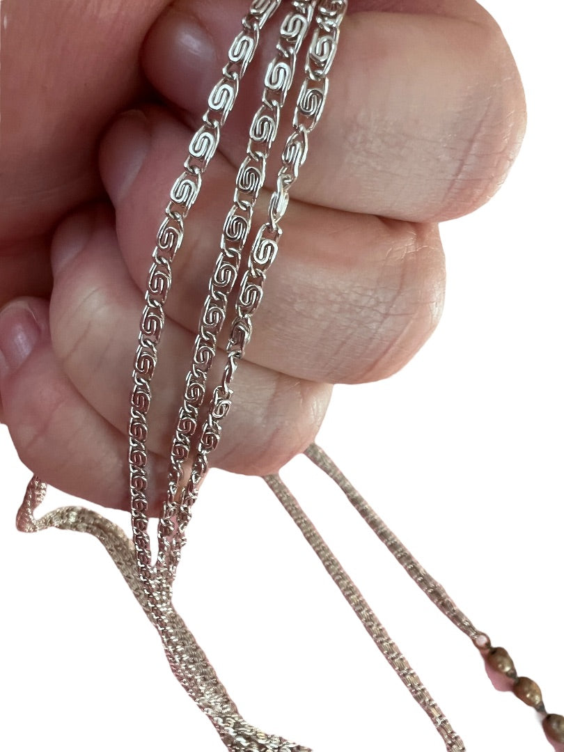 Vintage 55" Three Strand Beaded Necklace Silver Tone Chain Champagne Beads