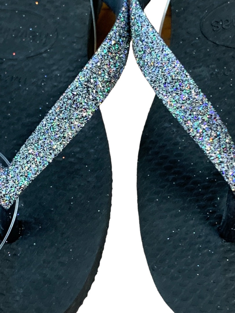 11/12C Havaianas Girls Black Dark Metallic Glitter New Flip Flops Sandals