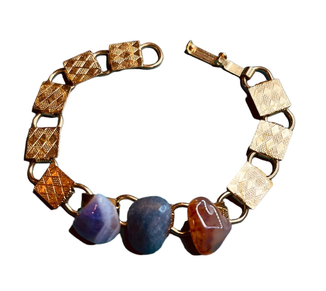Vintage Three Stone Purple Blue Orange Goldtone Link Bracelet 7"