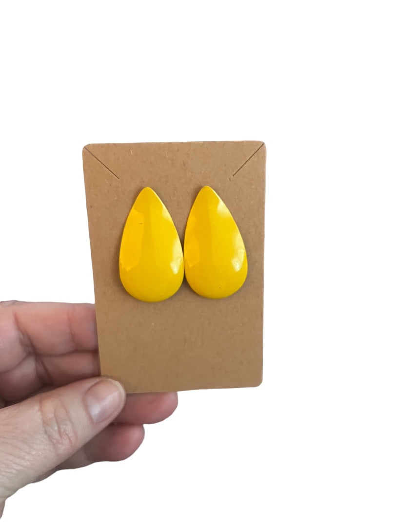 80's Bright Yellow Metal Earrings Retro Tear Drop Enamel Paint