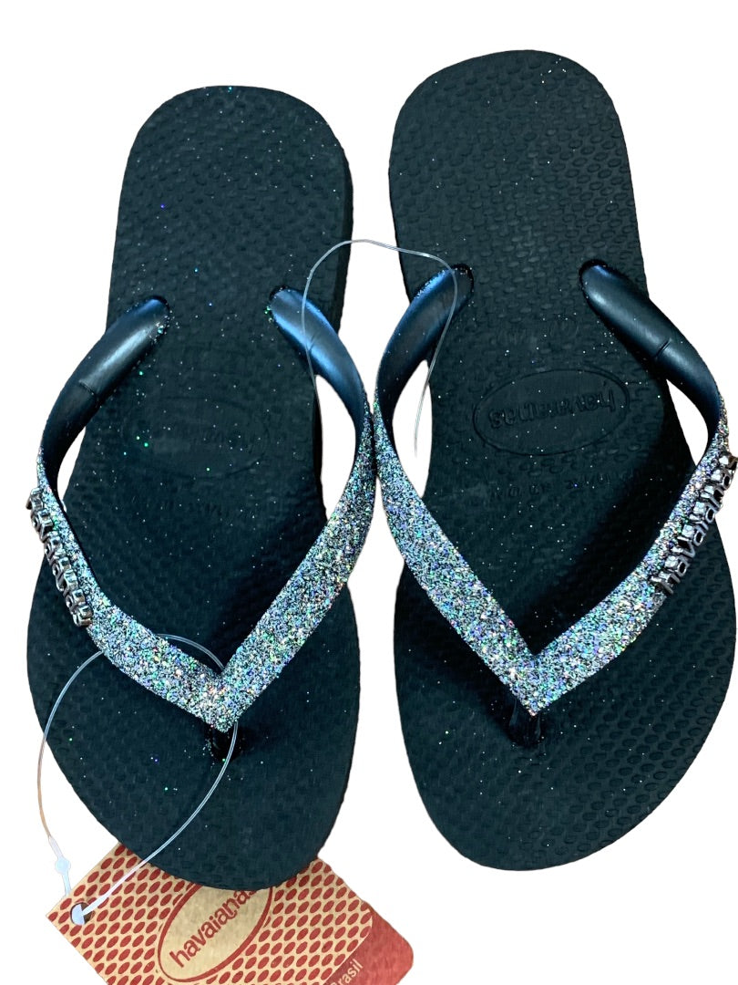 11/12C Havaianas Girls Black Dark Metallic Glitter New Flip Flops Sandals