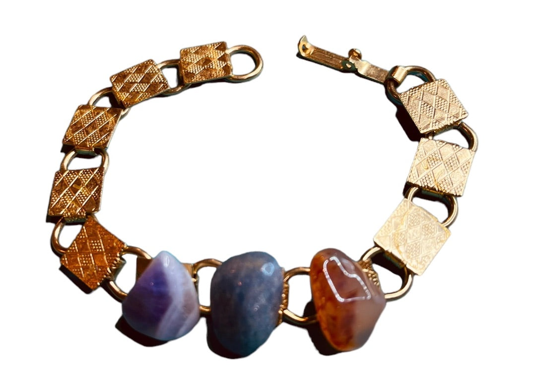Vintage Three Stone Purple Blue Orange Goldtone Link Bracelet 7"