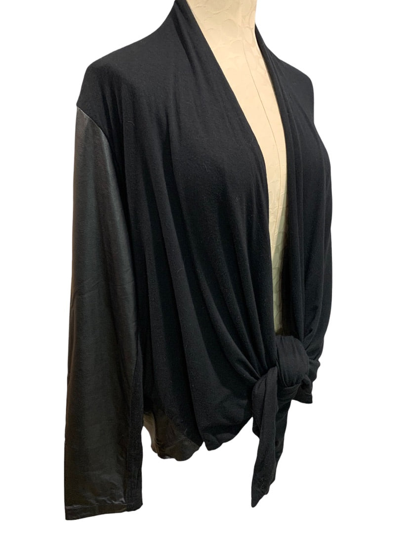 14W Amanda + Chelsea Women's Open Cardigan Vegan Leather Trim Black