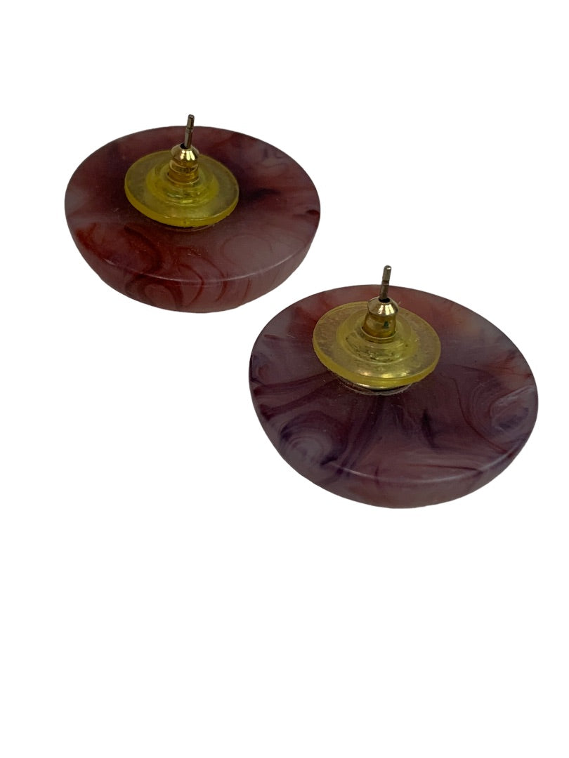 Vintage 1960s Acrylic Post Pierced Round Dome Earrings Amethyst Color Swirl 1" Diameter