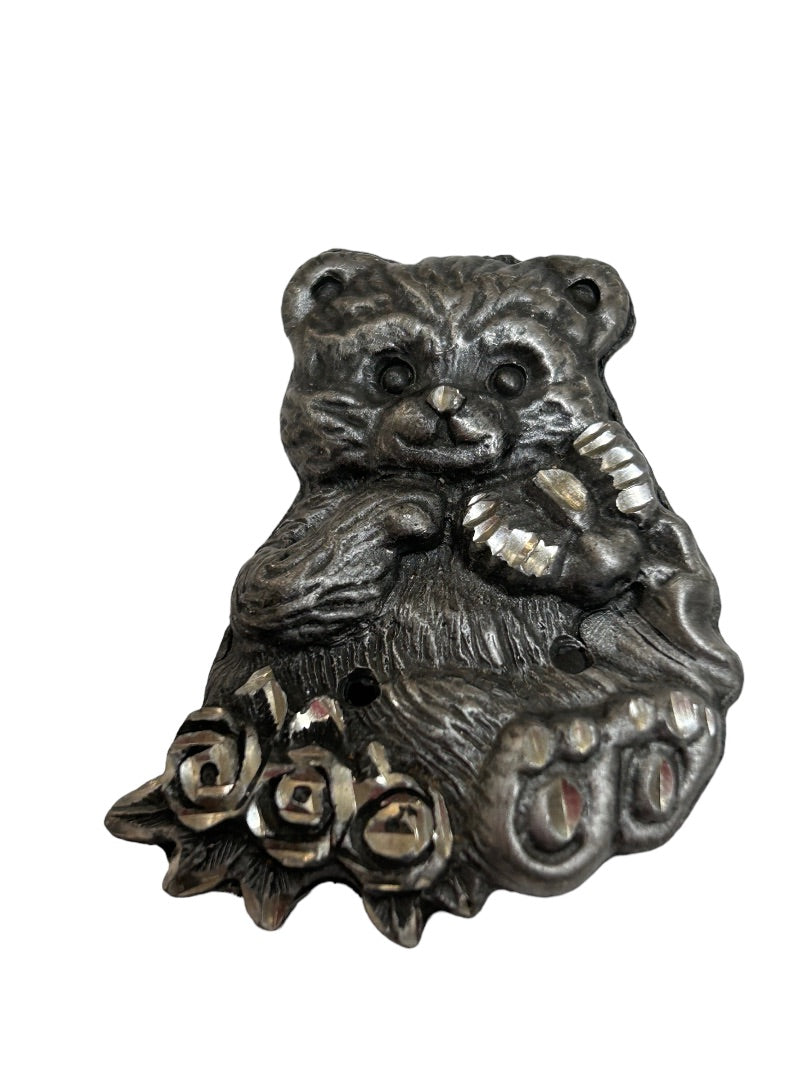 Vintage Brooch Earring Post Pierced Set Teddy Bears Torino Style 1.5" Pewter?