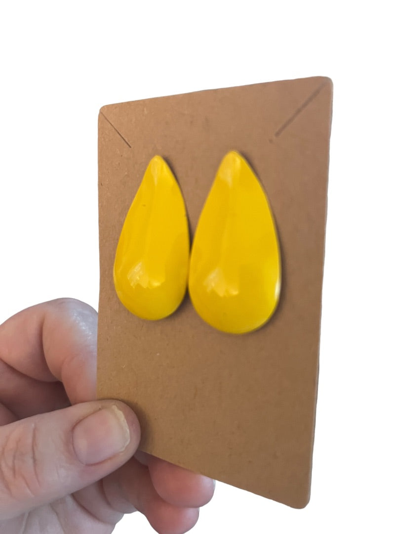80's Bright Yellow Metal Earrings Retro Tear Drop Enamel Paint