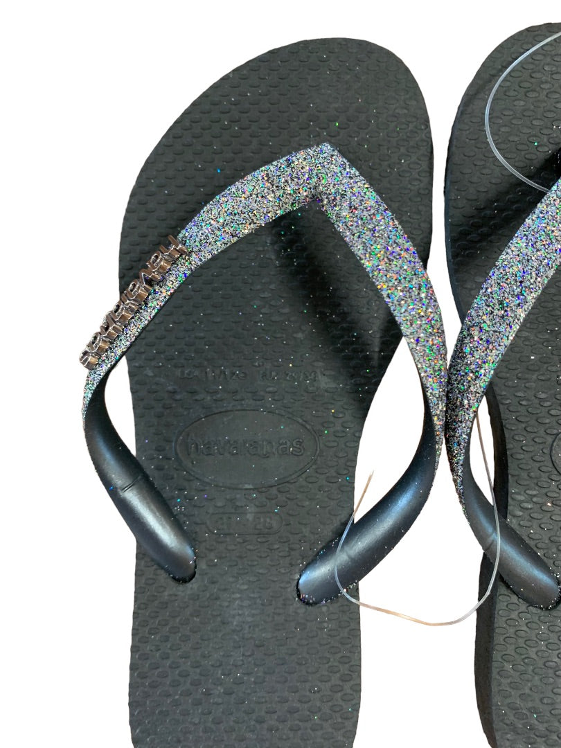 11/12C Havaianas Girls Black Dark Metallic Glitter New Flip Flops Sandals