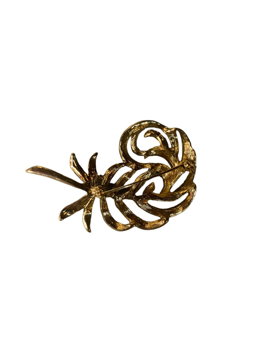 Vintage Goldtone Feather Brooch Rhinestones 2" Pin