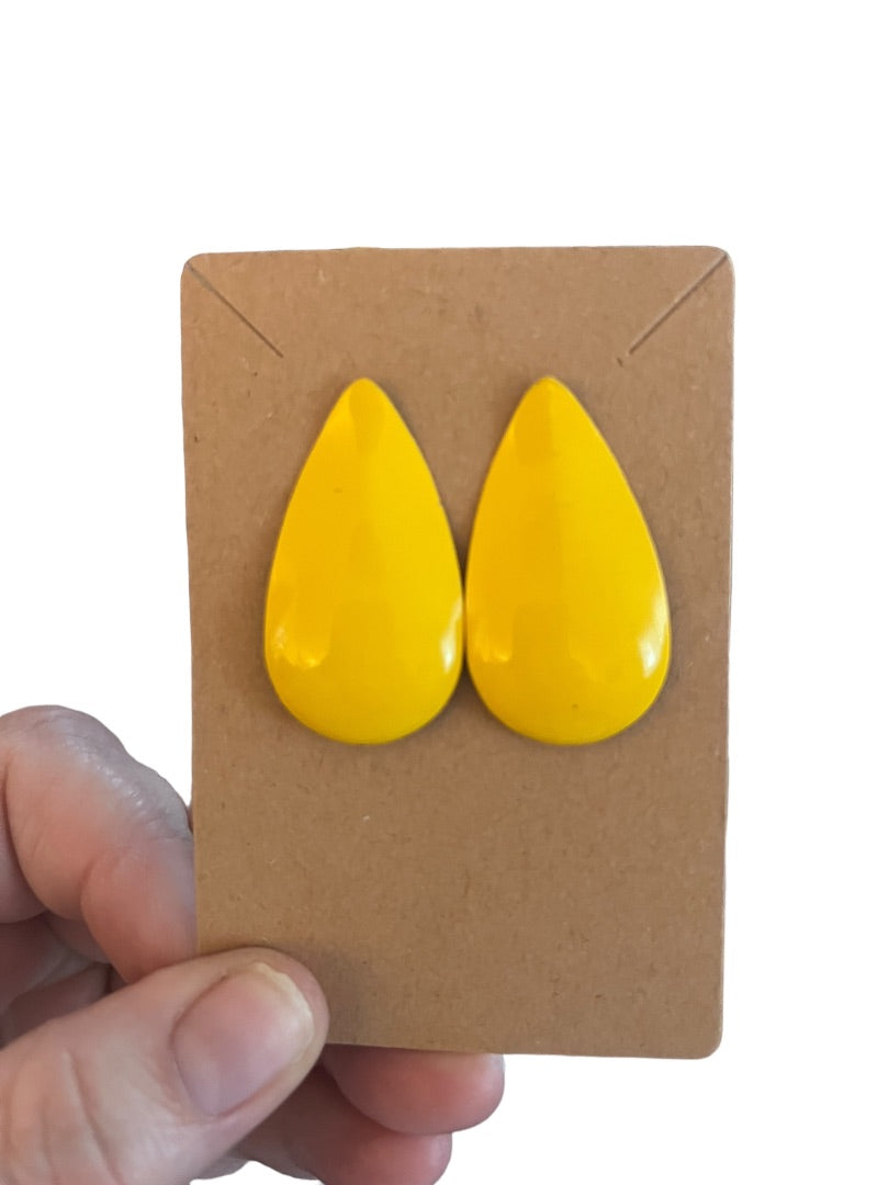 80's Bright Yellow Metal Earrings Retro Tear Drop Enamel Paint