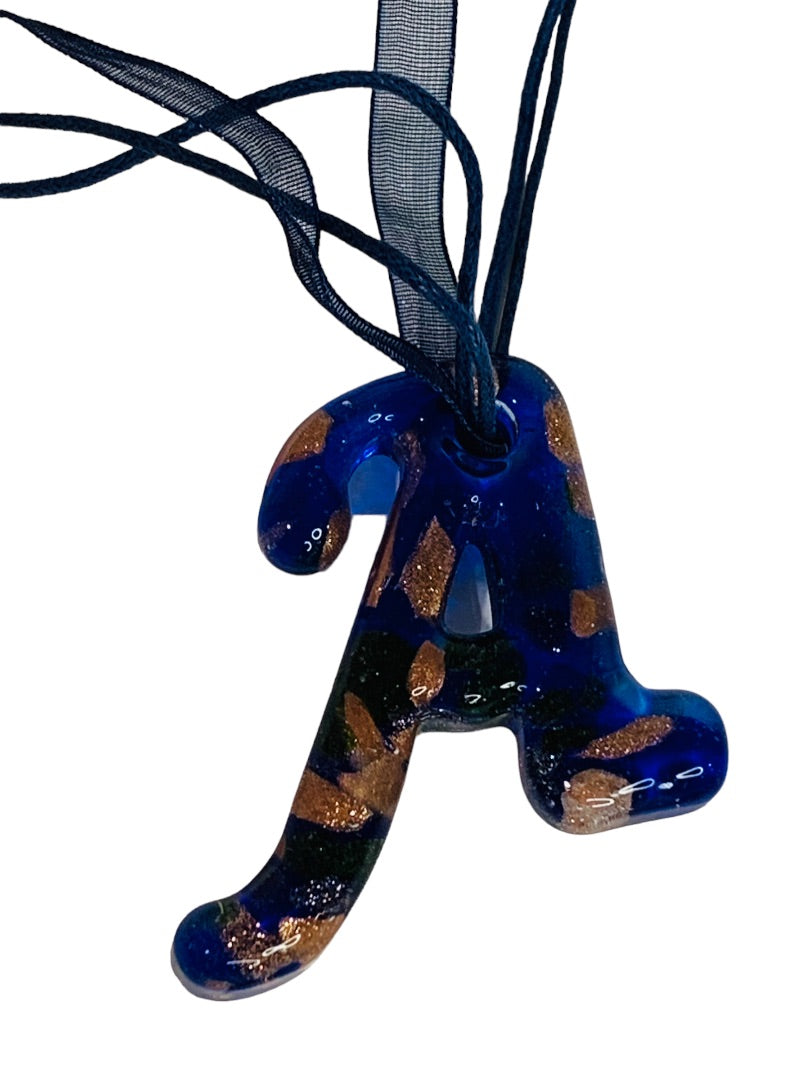 Glass "A" Pendant Necklace 19" Multi Strand Ribbon Lobster Clasp