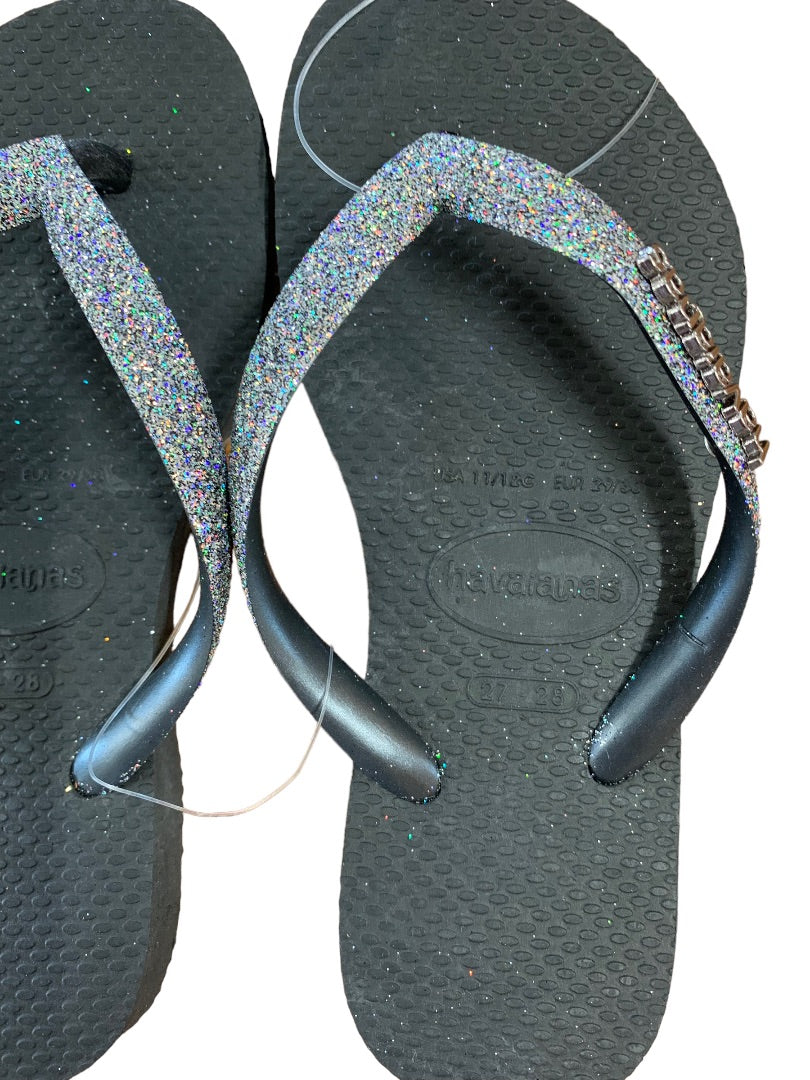 11/12C Havaianas Girls Black Dark Metallic Glitter New Flip Flops Sandals