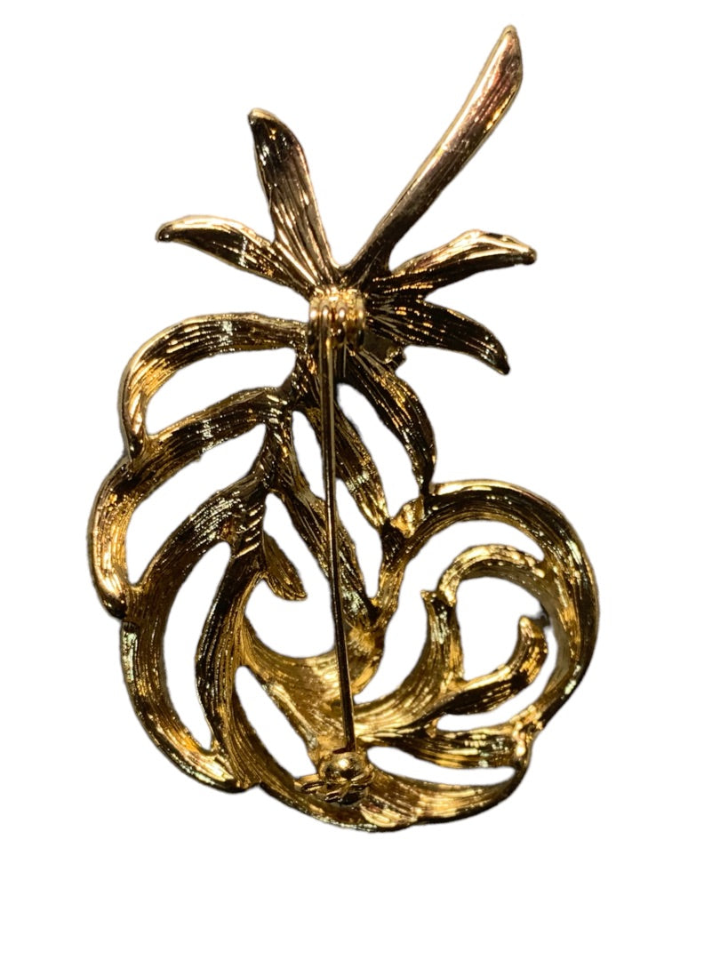Vintage Goldtone Feather Brooch Rhinestones 2" Pin