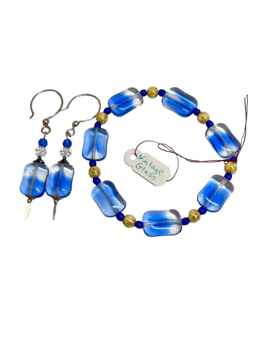 Vintage Glass Beaded Stretch Bracelet and 2.25" Drop Hook Earring Set