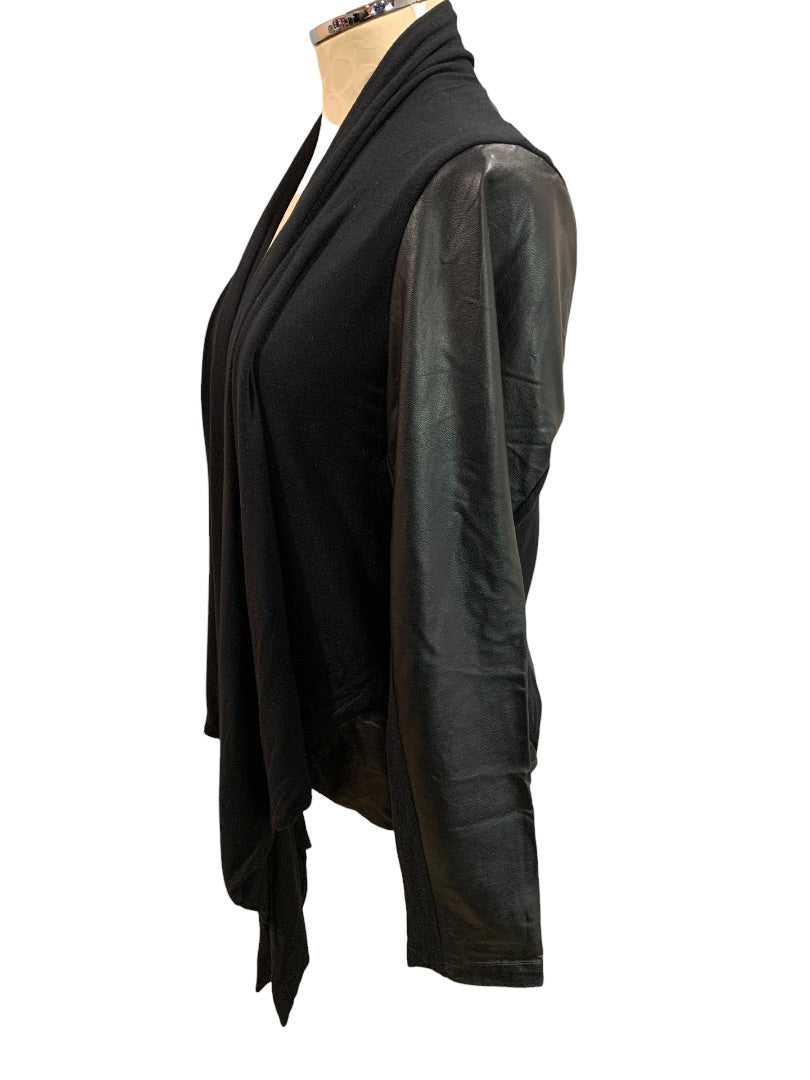 14W Amanda + Chelsea Women's Open Cardigan Vegan Leather Trim Black