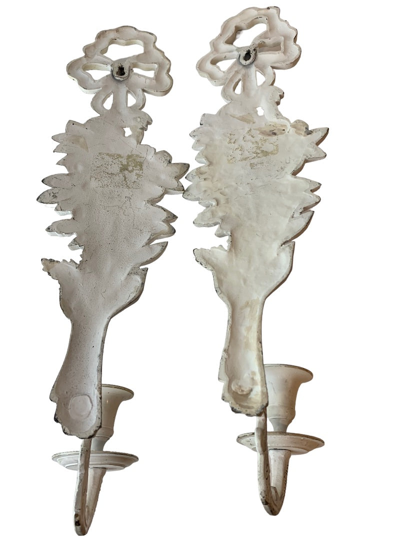 Shabby Chic White Cast Metal Candle Wall Sconces Distressed White Pair 18"h