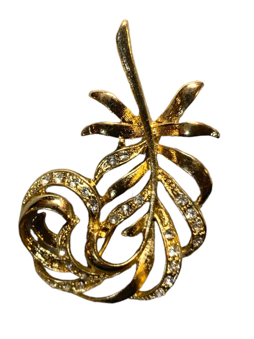 Vintage Goldtone Feather Brooch Rhinestones 2" Pin