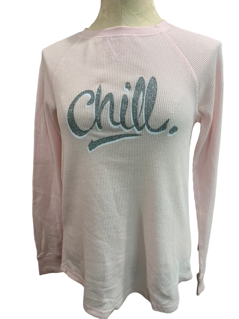 Small Xhilaration Pink Thermal Long Sleeve Top "Chill" Silver Glitter