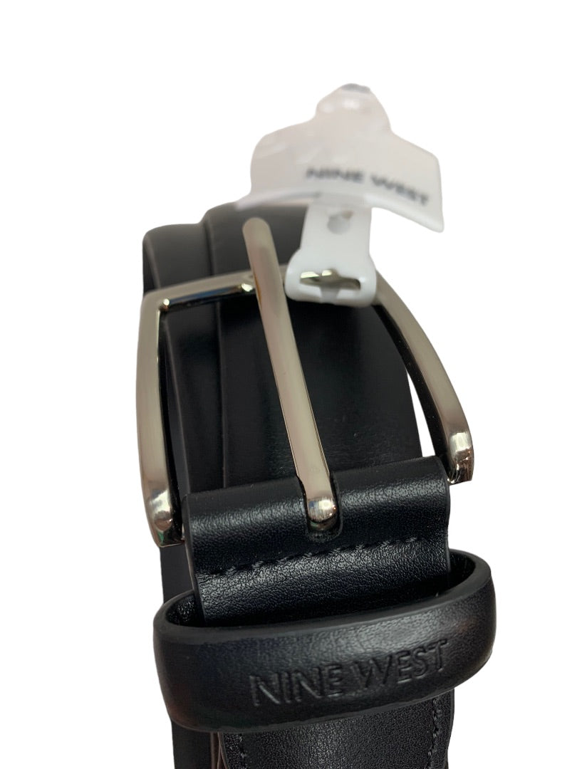 Large (38-40) Nine West Men's New Black Vegan Leather Belt Silvertone Sustainable Luxury