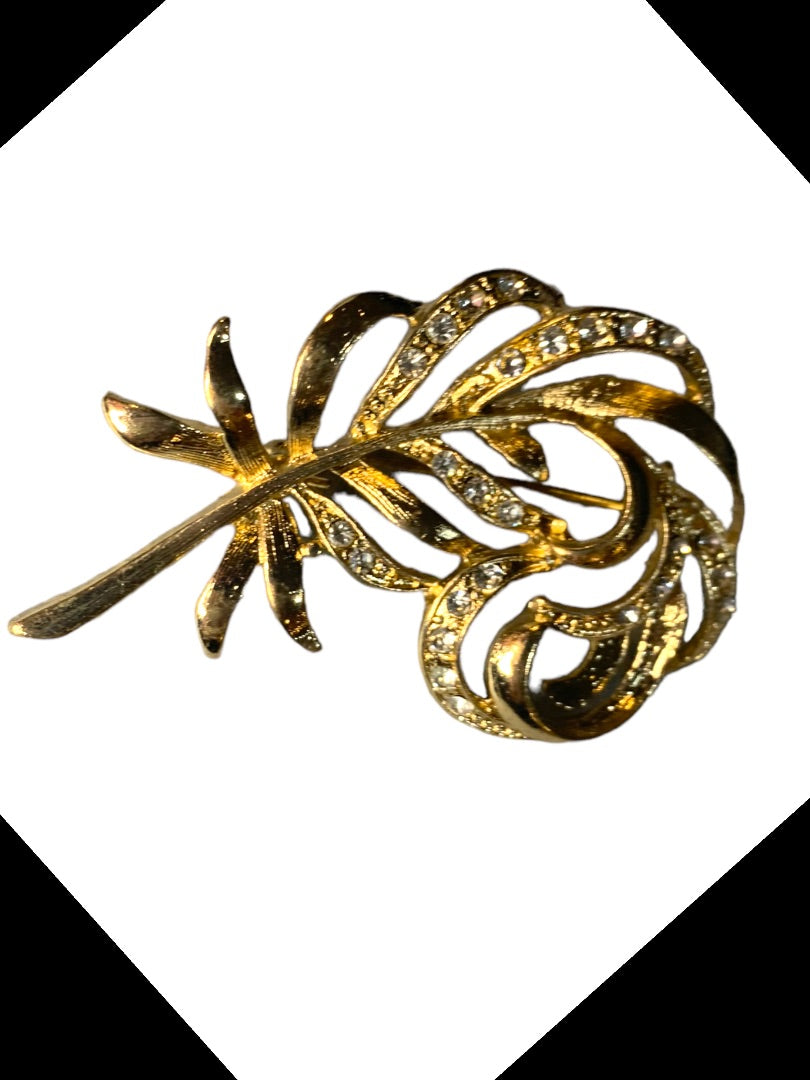 Vintage Goldtone Feather Brooch Rhinestones 2" Pin