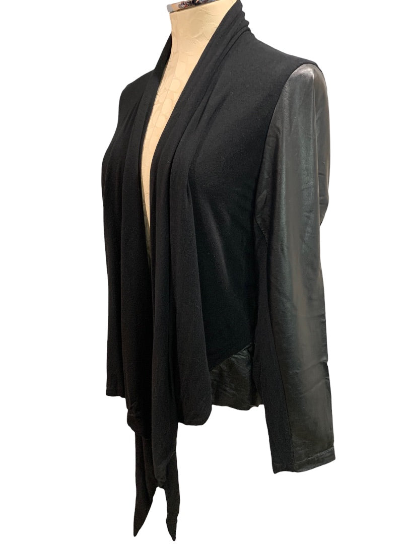 14W Amanda + Chelsea Women's Open Cardigan Vegan Leather Trim Black