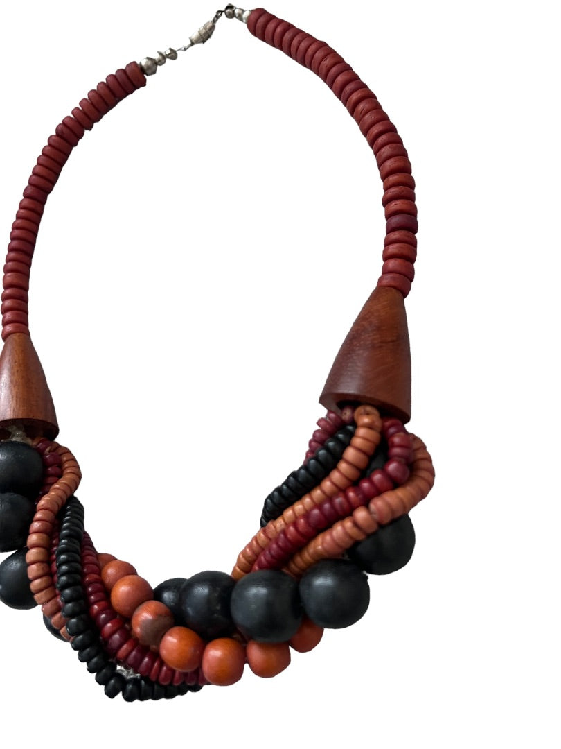 Wooden Beaded Necklace Twisted Multi-Bead Brown Black African Inspired