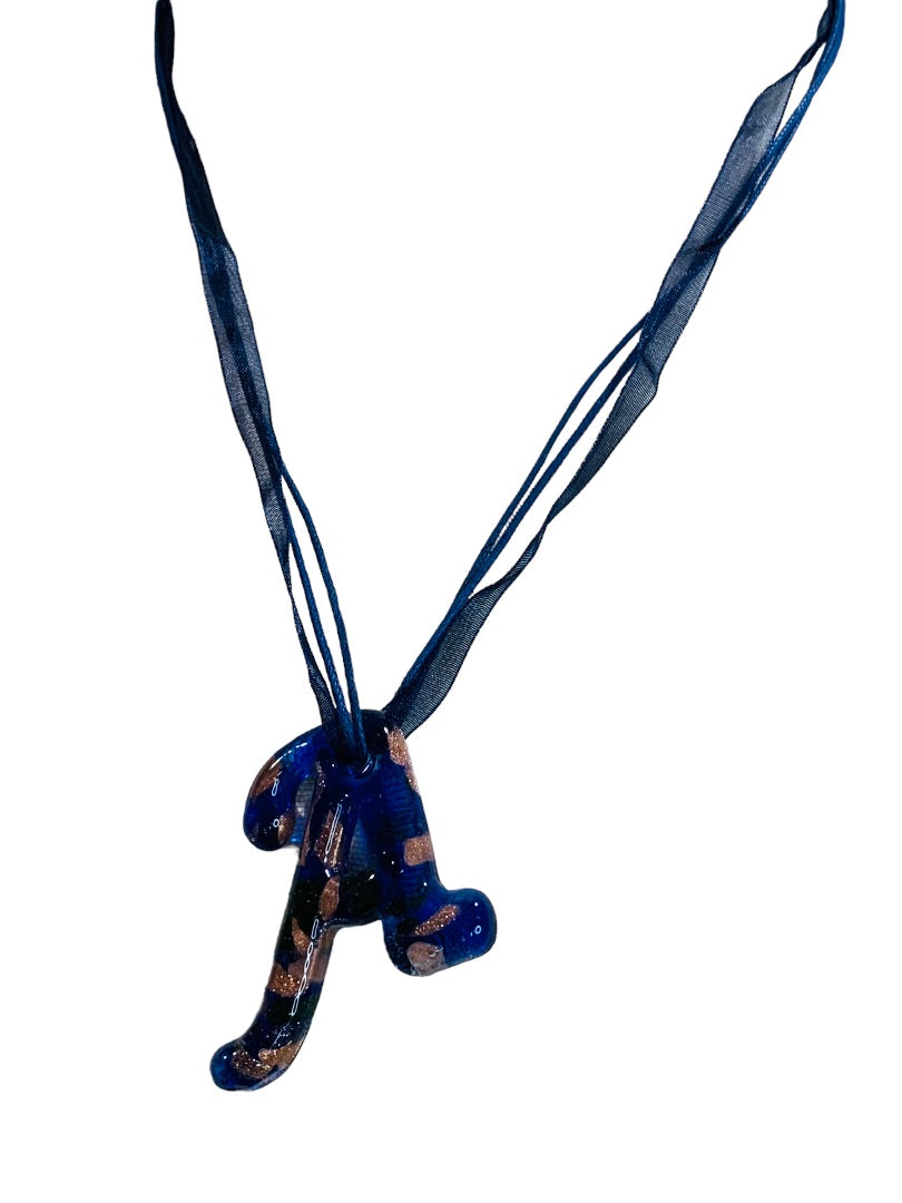 Glass "A" Pendant Necklace 19" Multi Strand Ribbon Lobster Clasp
