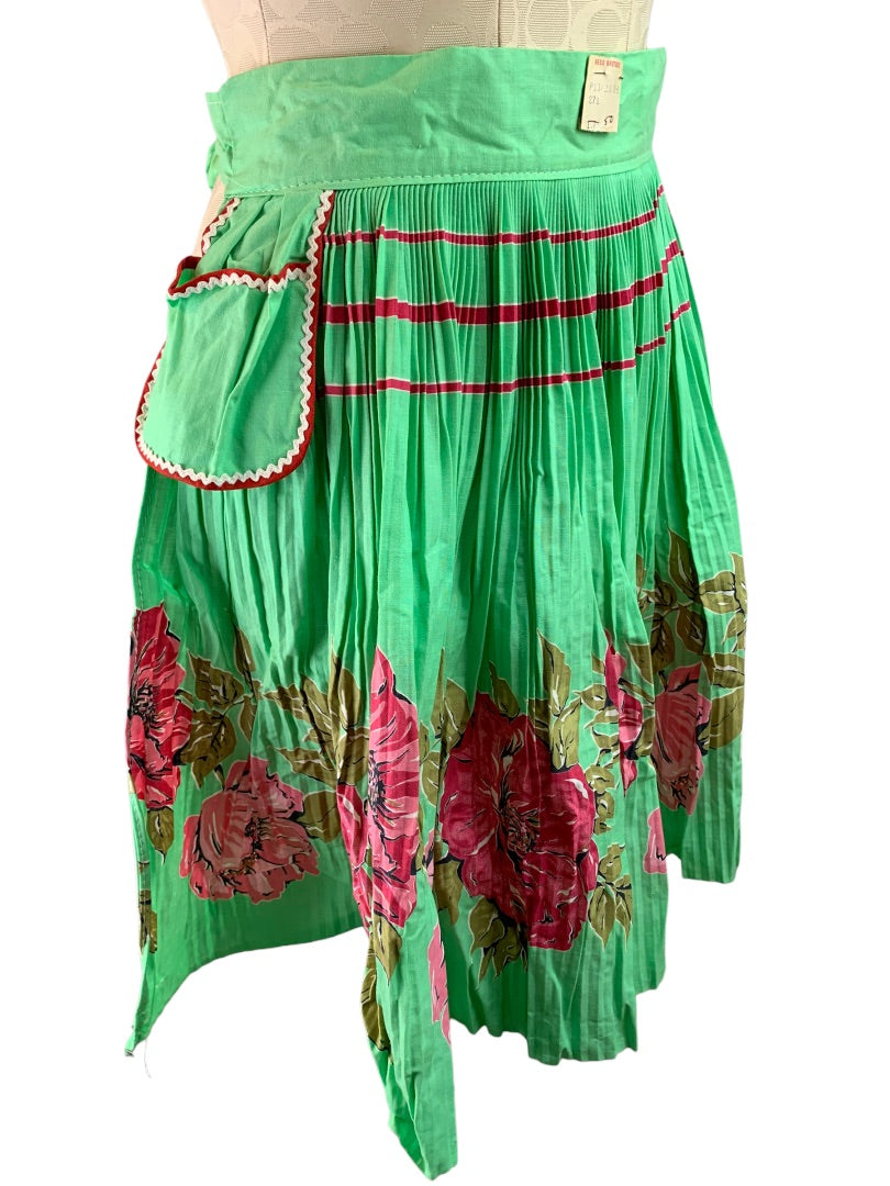Vintage Ever-Pleat Apron by Lowenstein Sons Pleated Half Apron Green Floral New Old Stock