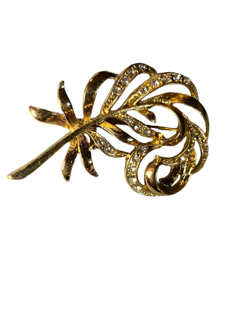 Vintage Goldtone Feather Brooch Rhinestones 2" Pin