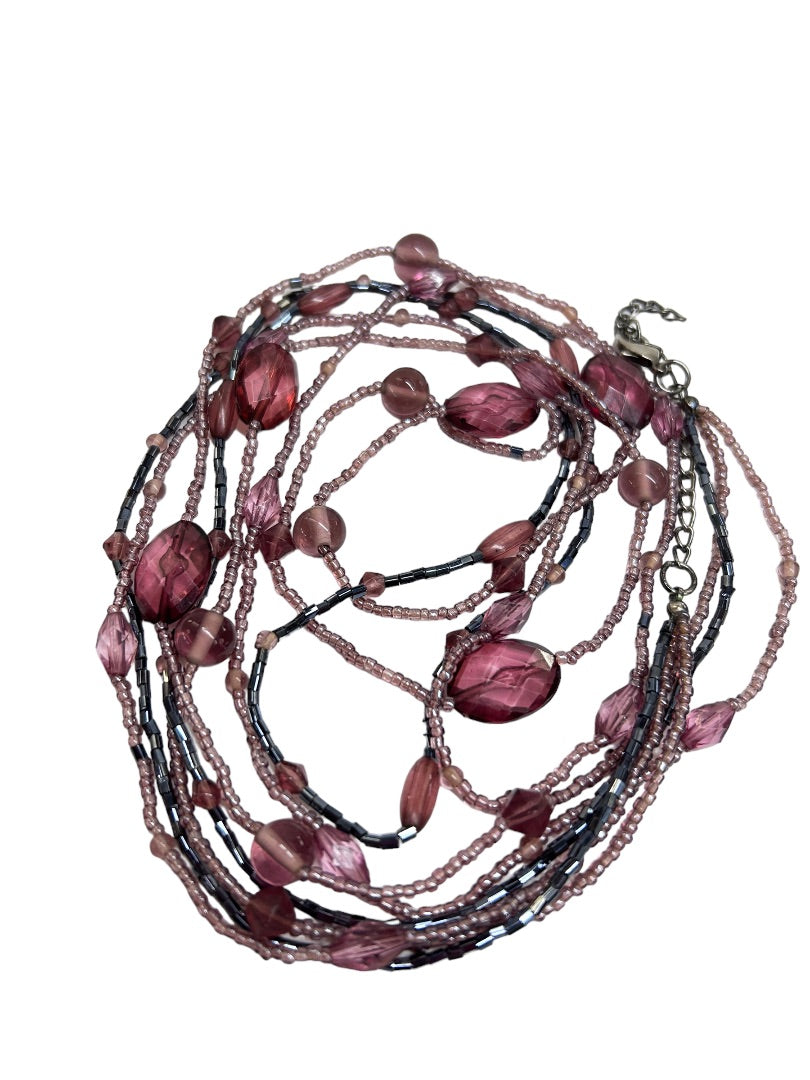 Smokey Purple and Gray Triple Strand Beaded Acrylic Necklace 36"
