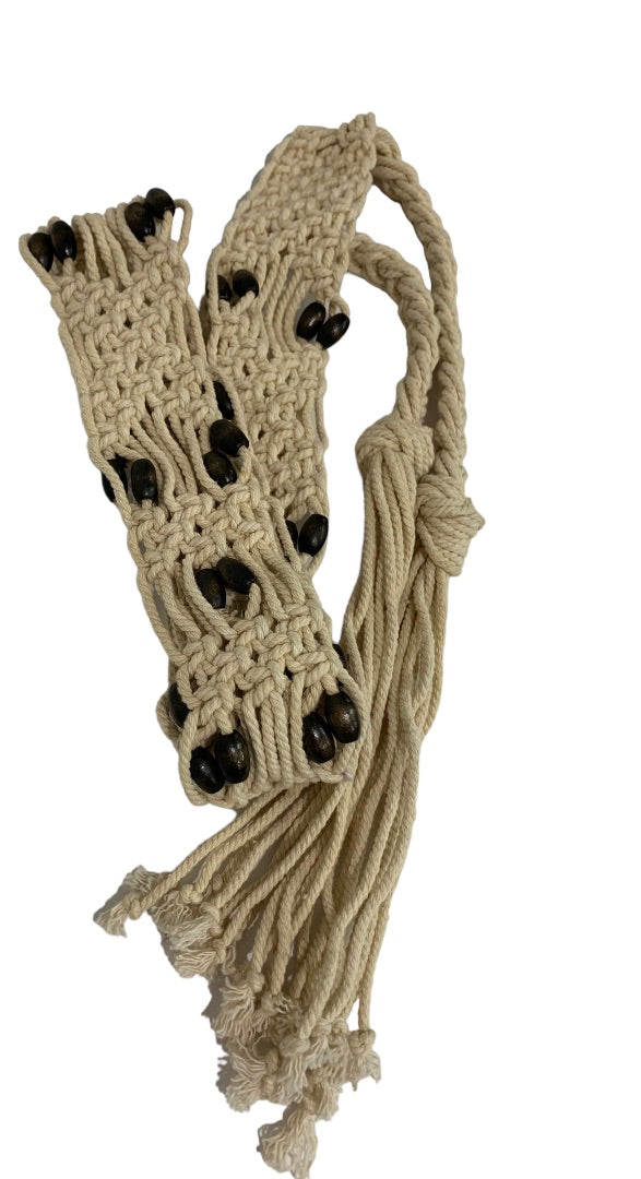 Vintage Boho Macrame Wooden Beaded Tie Belt Women's 56" Length Off White