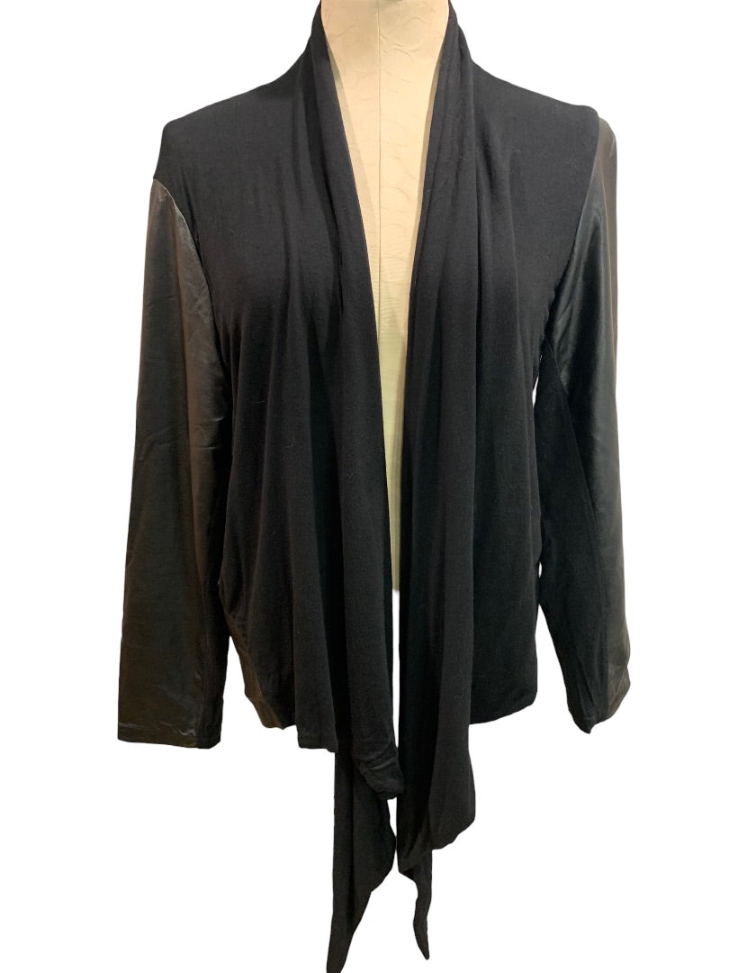 14W Amanda + Chelsea Women's Open Cardigan Vegan Leather Trim Black