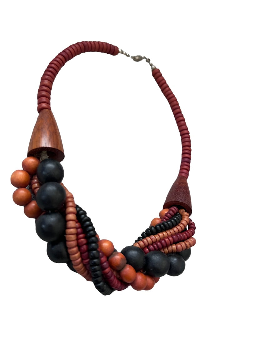 Wooden Beaded Necklace Twisted Multi-Bead Brown Black African Inspired