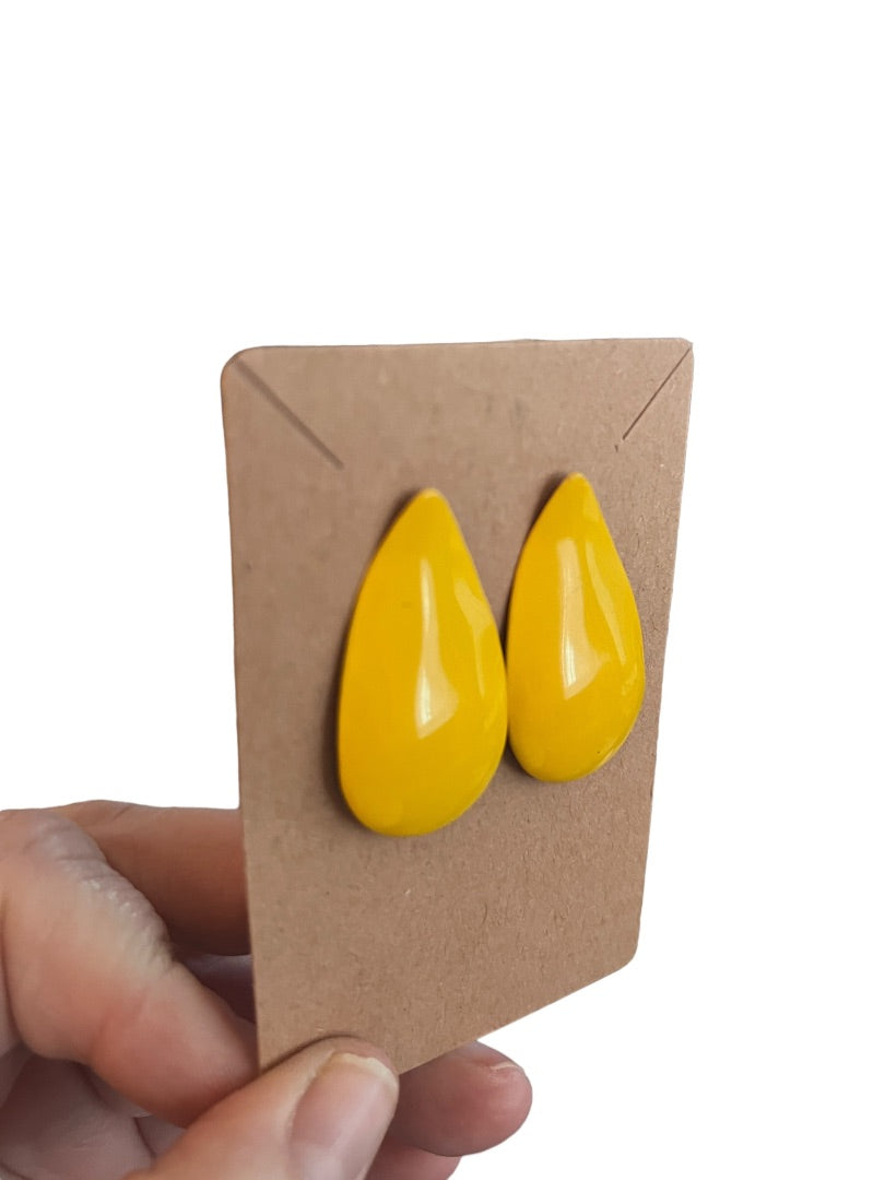 80's Bright Yellow Metal Earrings Retro Tear Drop Enamel Paint