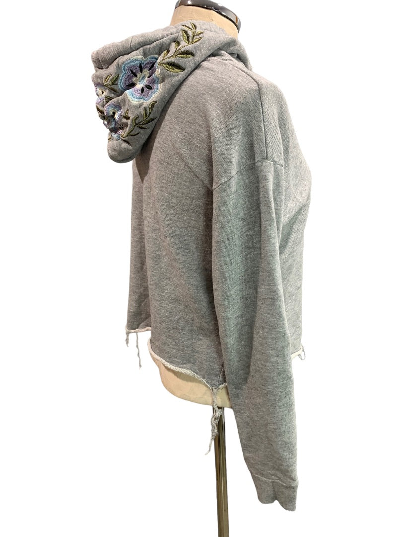 Small Forever 21 Junior Women's Gray Crop Pullover Hoodie Floral Embroidery