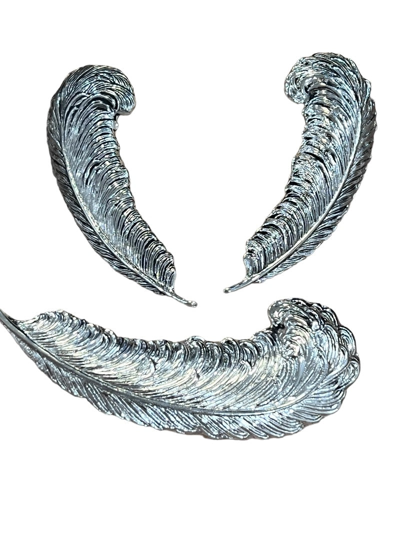 Silver Tone Feather Earrings and Brooch Set Vintage Clip On