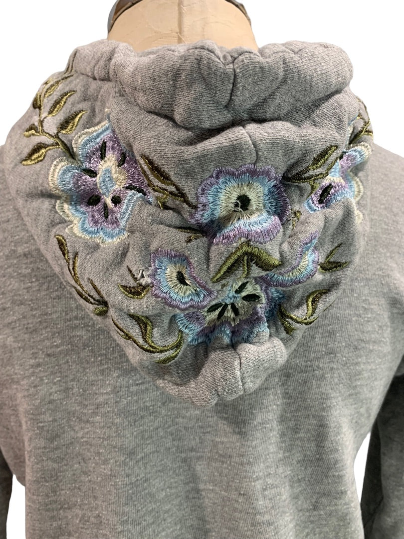 Small Forever 21 Junior Women's Gray Crop Pullover Hoodie Floral Embroidery