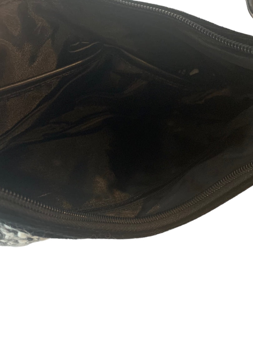 Black and White Tweed Shoulderbag Floral Applique 8"h x 11.5"w