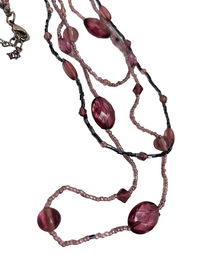 Smokey Purple and Gray Triple Strand Beaded Acrylic Necklace 36"