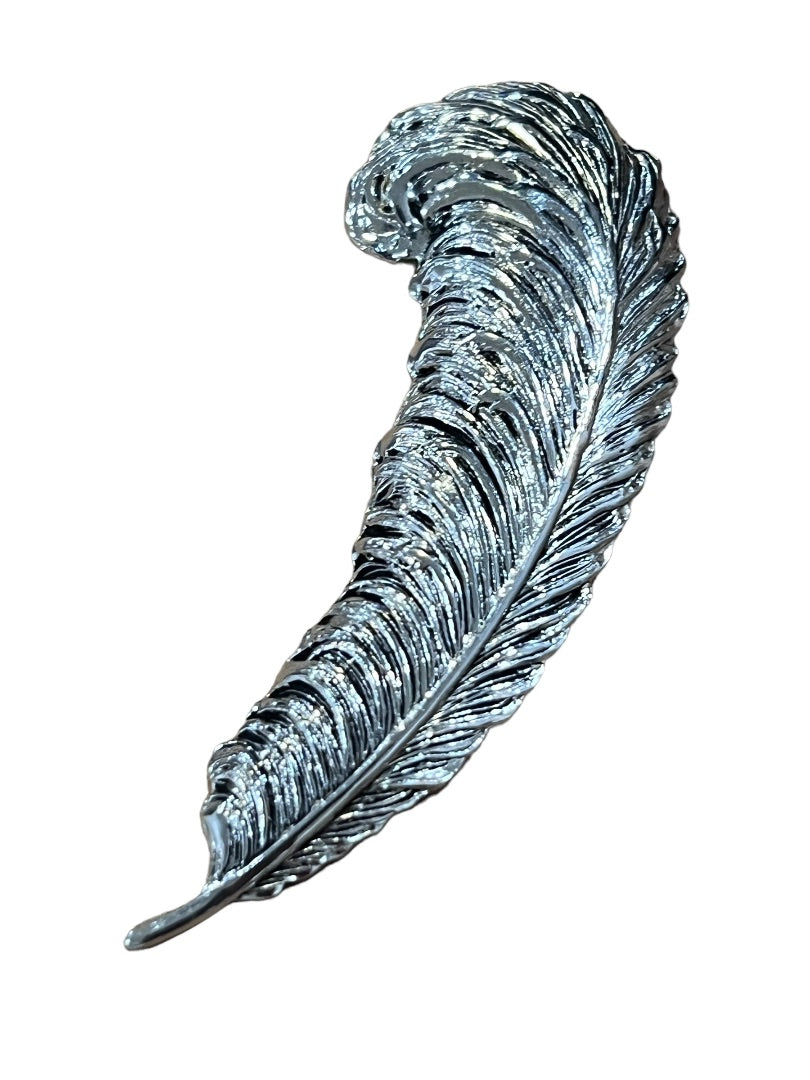 Silver Tone Feather Earrings and Brooch Set Vintage Clip On