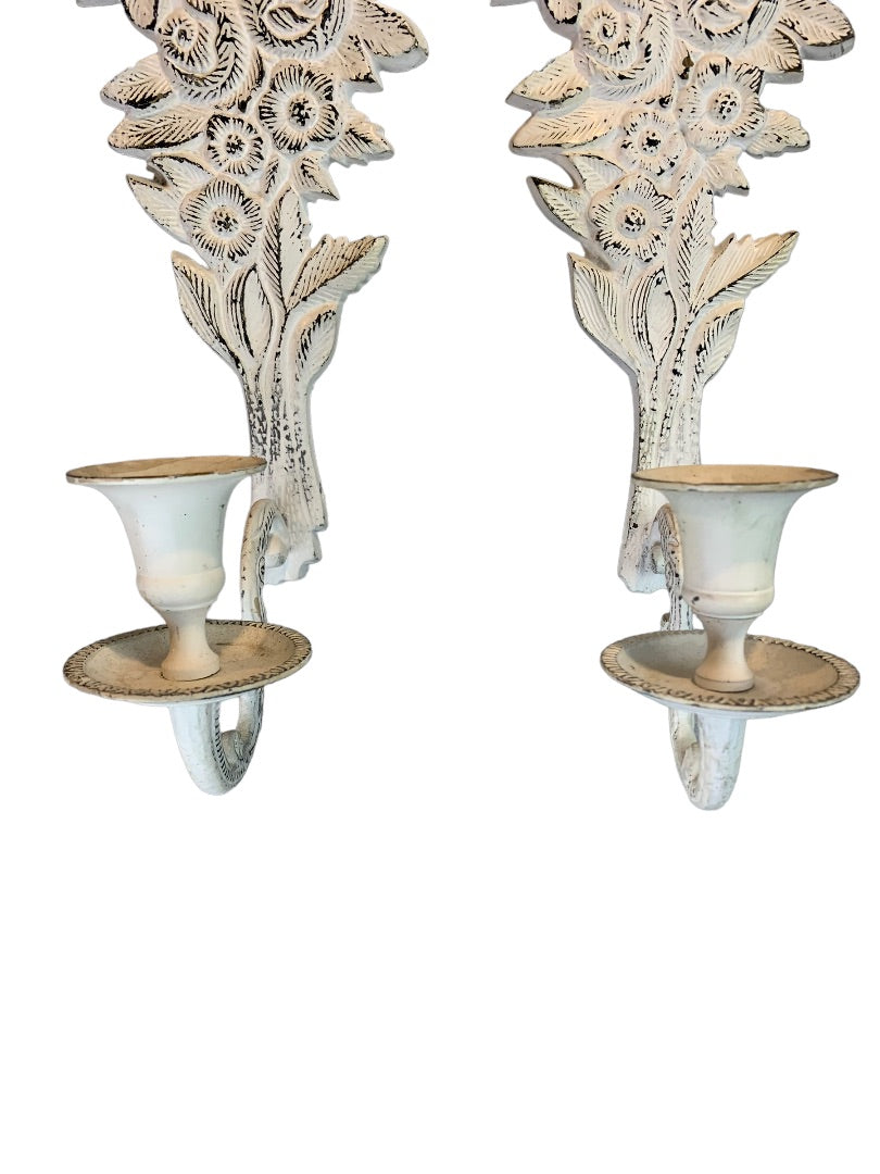 Shabby Chic White Cast Metal Candle Wall Sconces Distressed White Pair 18"h