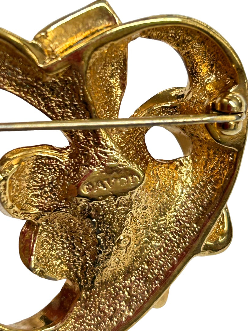 Vintage Signed Avon Brooch Pin Goldtone Heart with Bow Blue Stone 1.5"