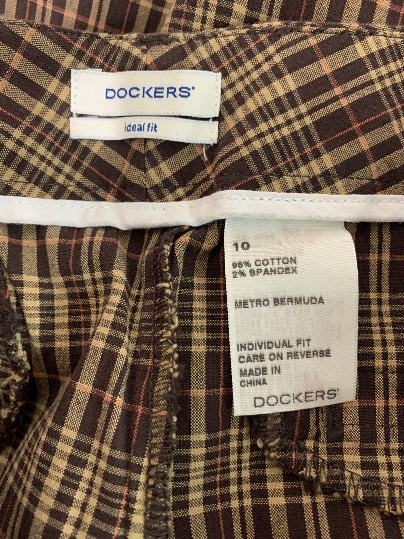 Size 10 Dockers Ideal Fit Women's Brown Plaid Chino Shorts Stretch Cotton