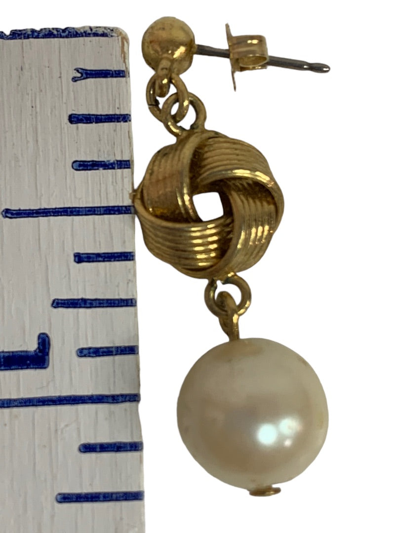 Vintage Post Pierced Earring Goldtone and Faux Pearl 1.25" Drop Dangle
