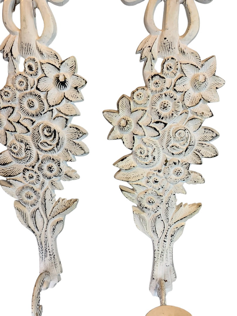 Shabby Chic White Cast Metal Candle Wall Sconces Distressed White Pair 18"h