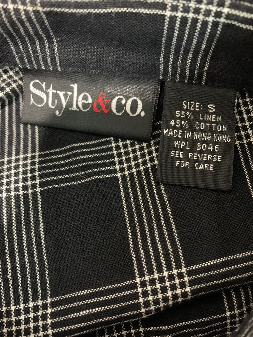 Small Style & Co Women's Black White Linen Blend Button Up Tunic Blouse