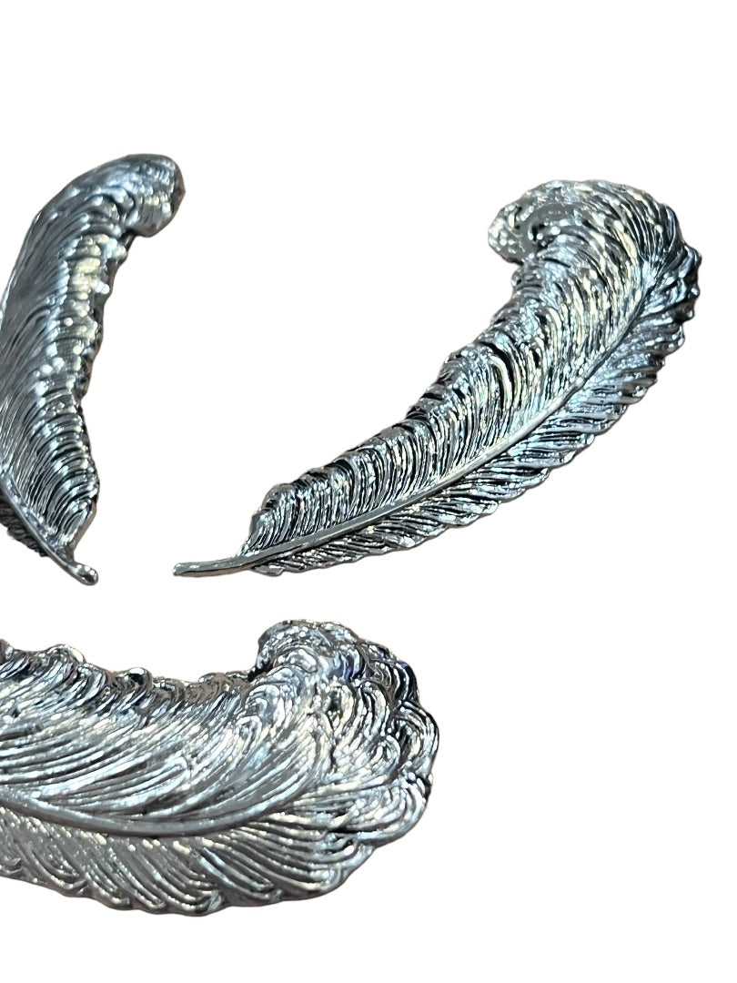 Silver Tone Feather Earrings and Brooch Set Vintage Clip On
