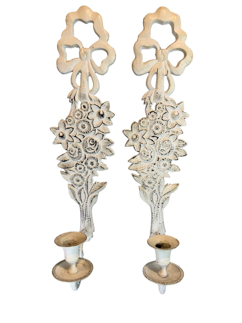 Shabby Chic White Cast Metal Candle Wall Sconces Distressed White Pair 18"h