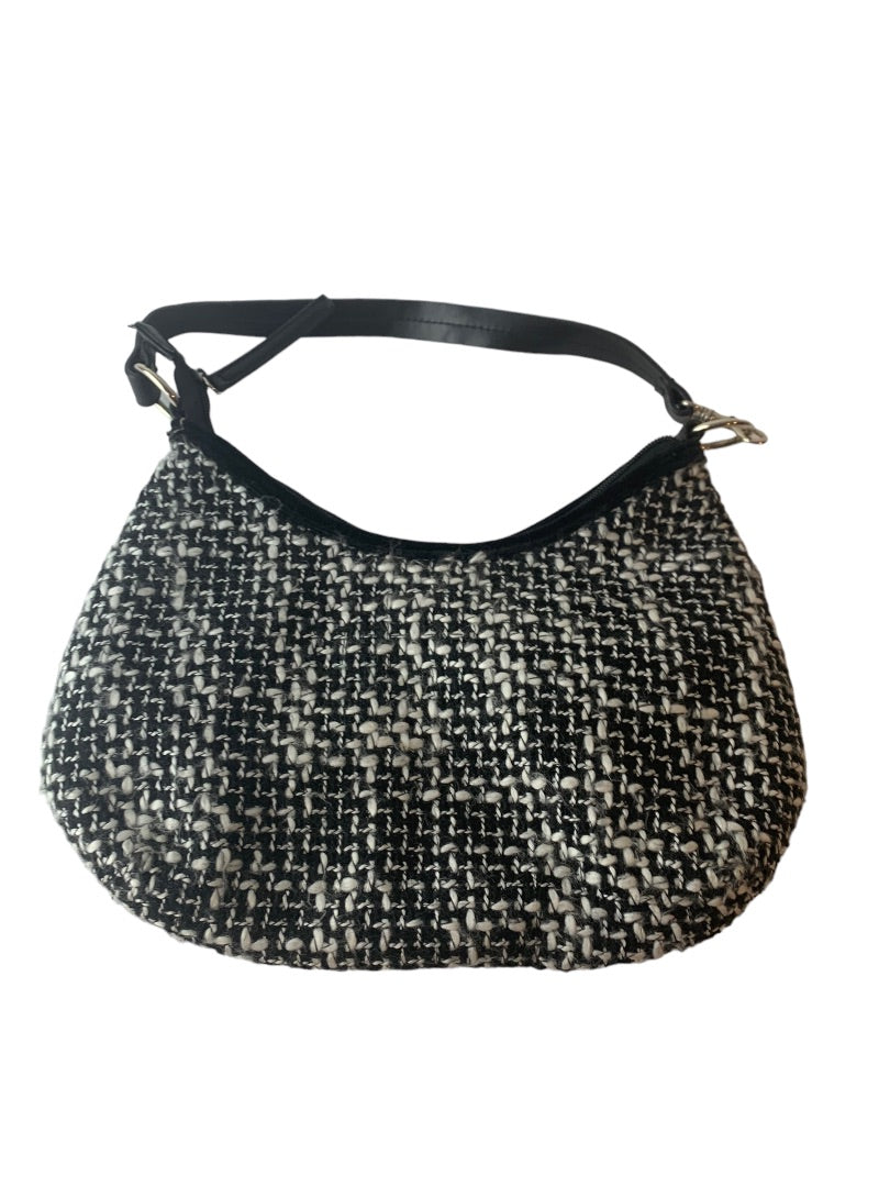 Black and White Tweed Shoulderbag Floral Applique 8"h x 11.5"w